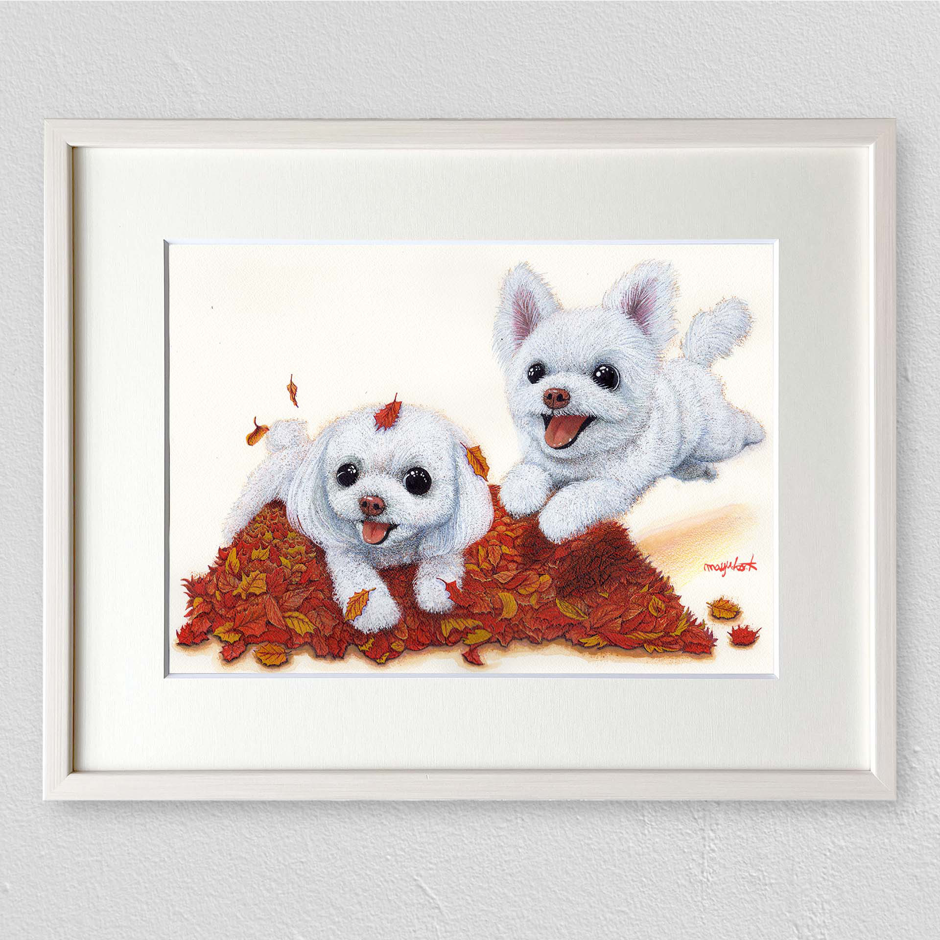 仔犬と紫陽花　水彩画　原画　額付き 94701df7fa7f06c490bd17d2f8cf27