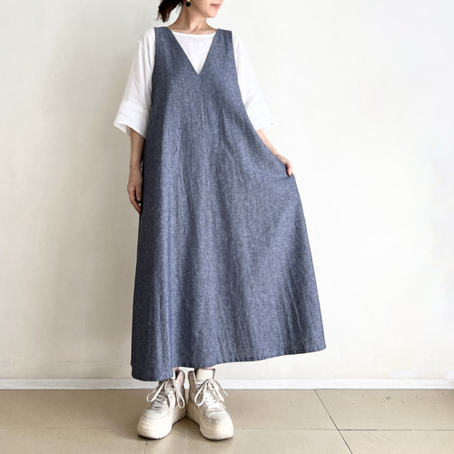 ADOREへリボーンジャンバースカート VカットAラインジャンパースカート * Denim Linen ヘリンボーン