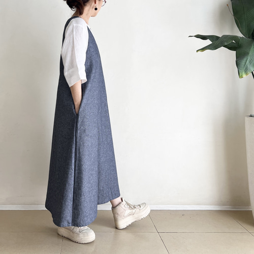 ADOREへリボーンジャンバースカート VカットAラインジャンパースカート * Denim Linen ヘリンボーン