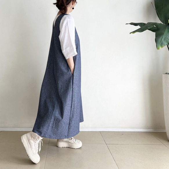 VカットAラインジャンパースカート　* Denim Linen ヘリンボーン柄 * 5枚目の画像