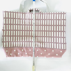 大きめ北欧格子スモーキーラベンダーレッスンバッグ　くすみピンク水玉切替　35×45 持ち手グレー 9枚目の画像