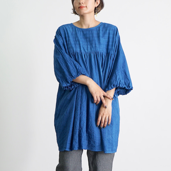PLEATS PLEASE バルーンスリーブ オーバーサイズチュニック 2wayバルーンスリーブチュニック/ブルー/絡み織ストライプ
