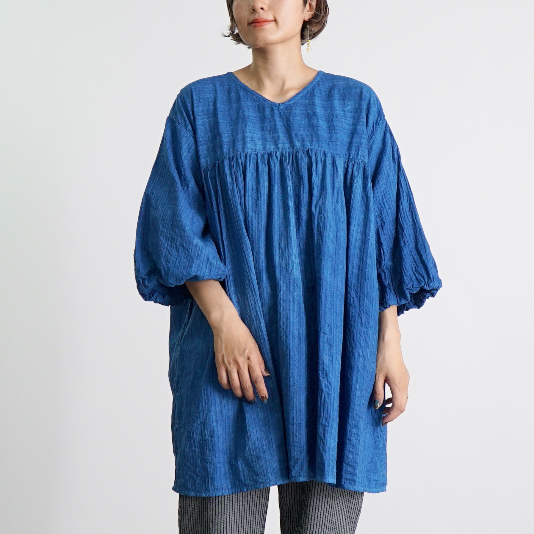 2wayバルーンスリーブチュニック/ブルー/絡み織ストライプ