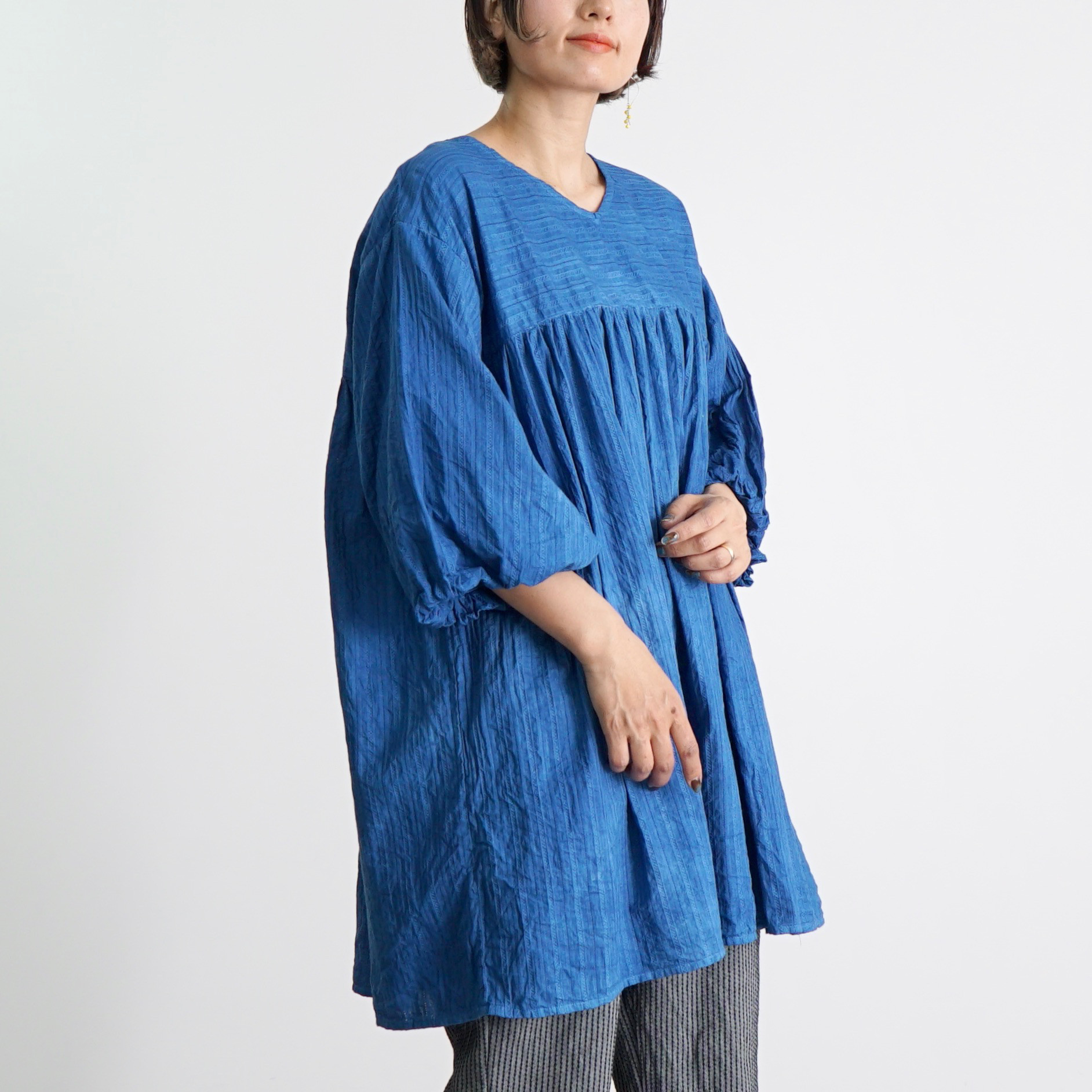 2wayバルーンスリーブチュニック/ブルー/絡み織ストライプ