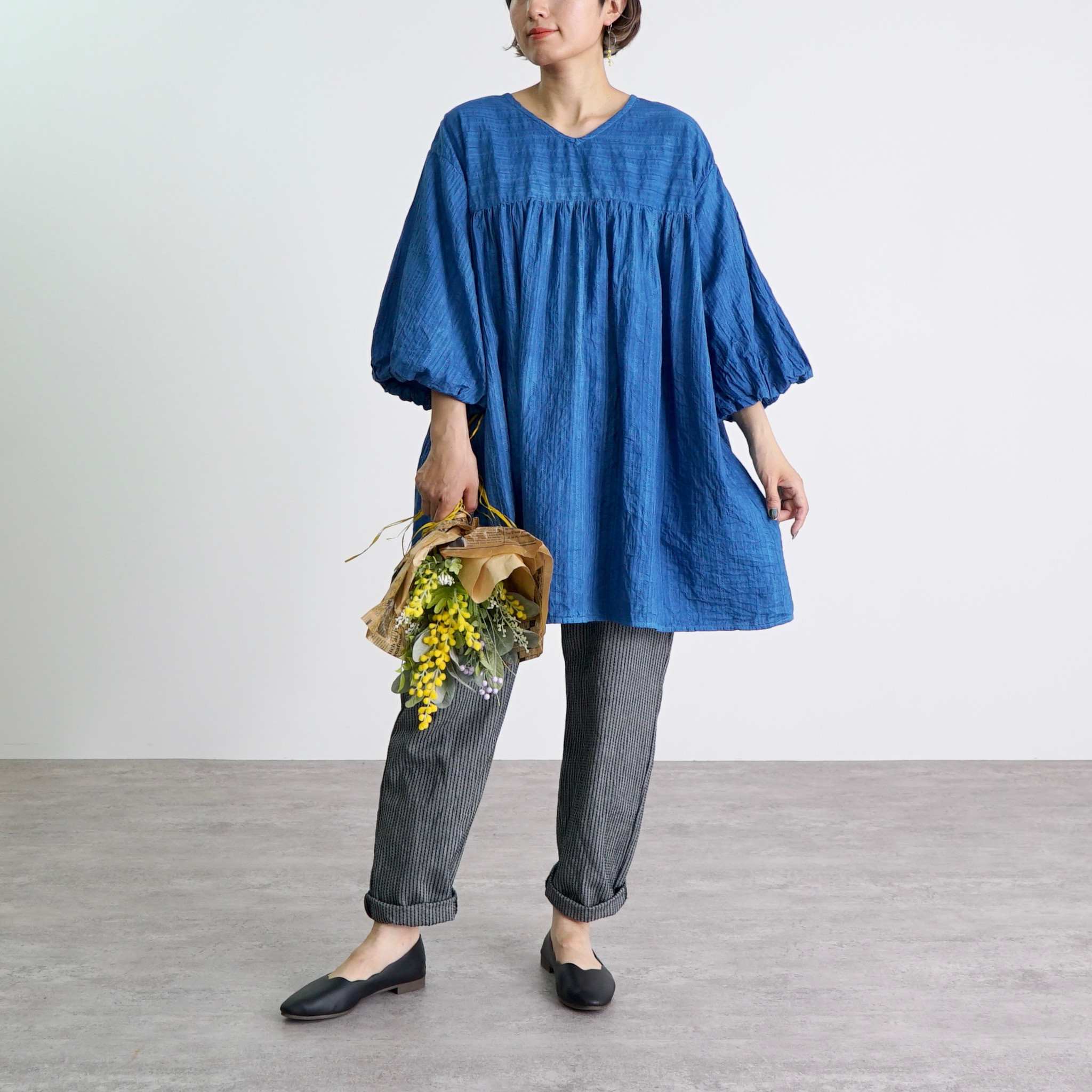 2wayバルーンスリーブチュニック/ブルー/絡み織ストライプ