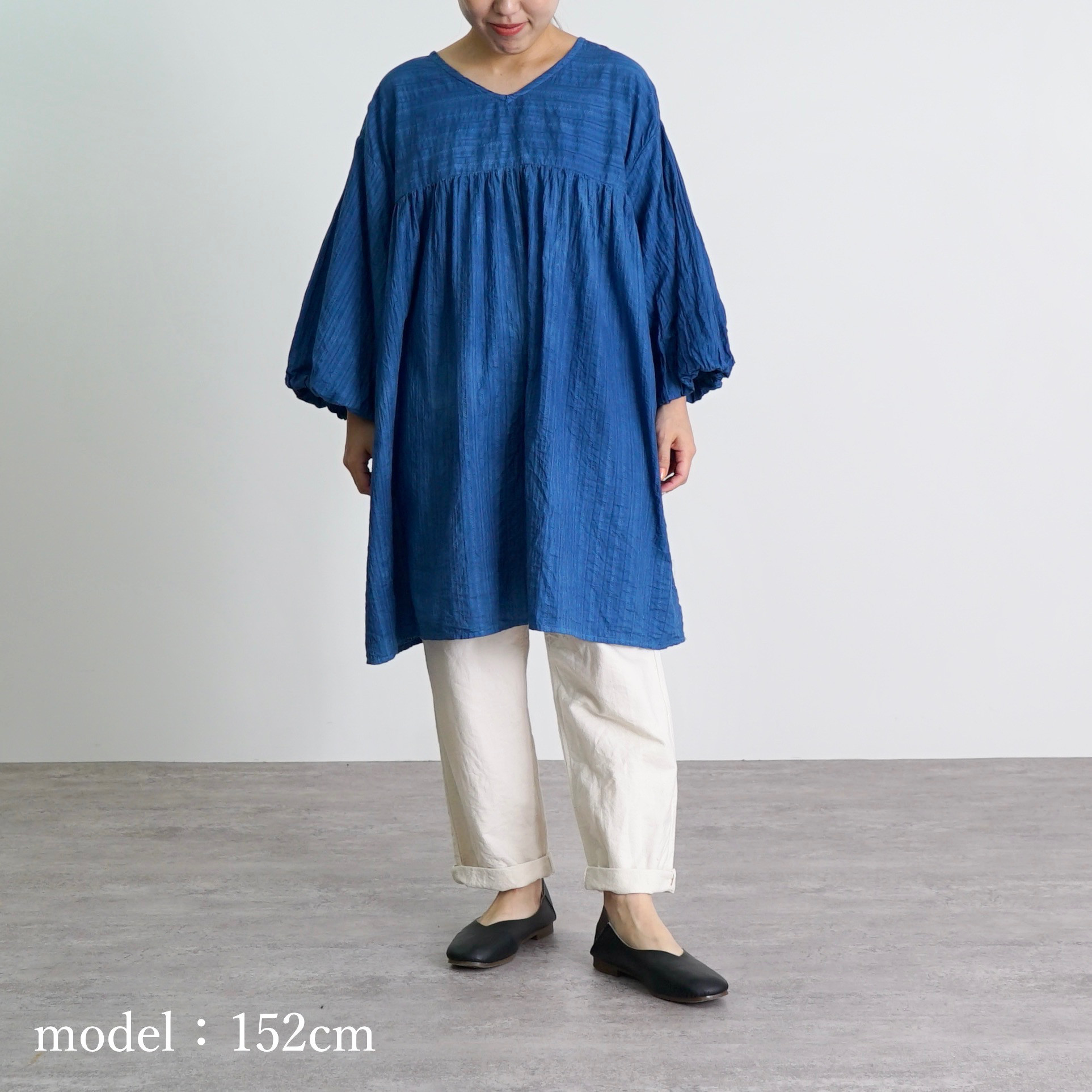 2wayバルーンスリーブチュニック/ブルー/絡み織ストライプ