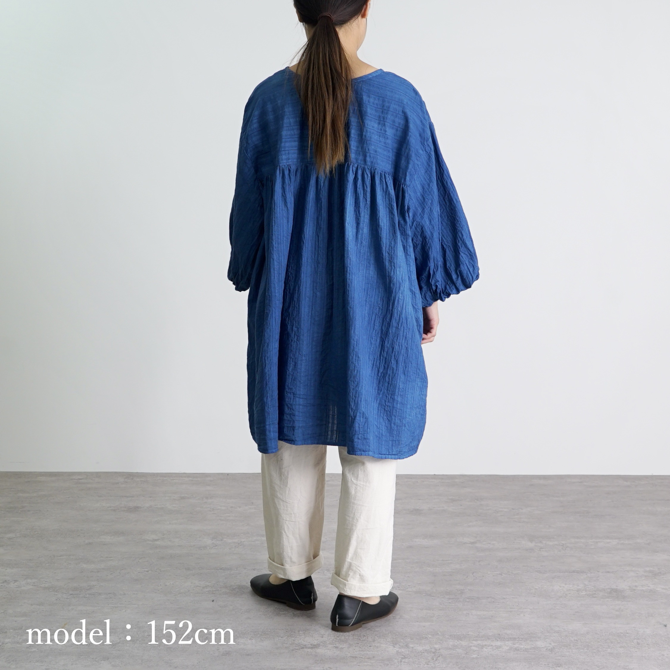 2wayバルーンスリーブチュニック/ブルー/絡み織ストライプ