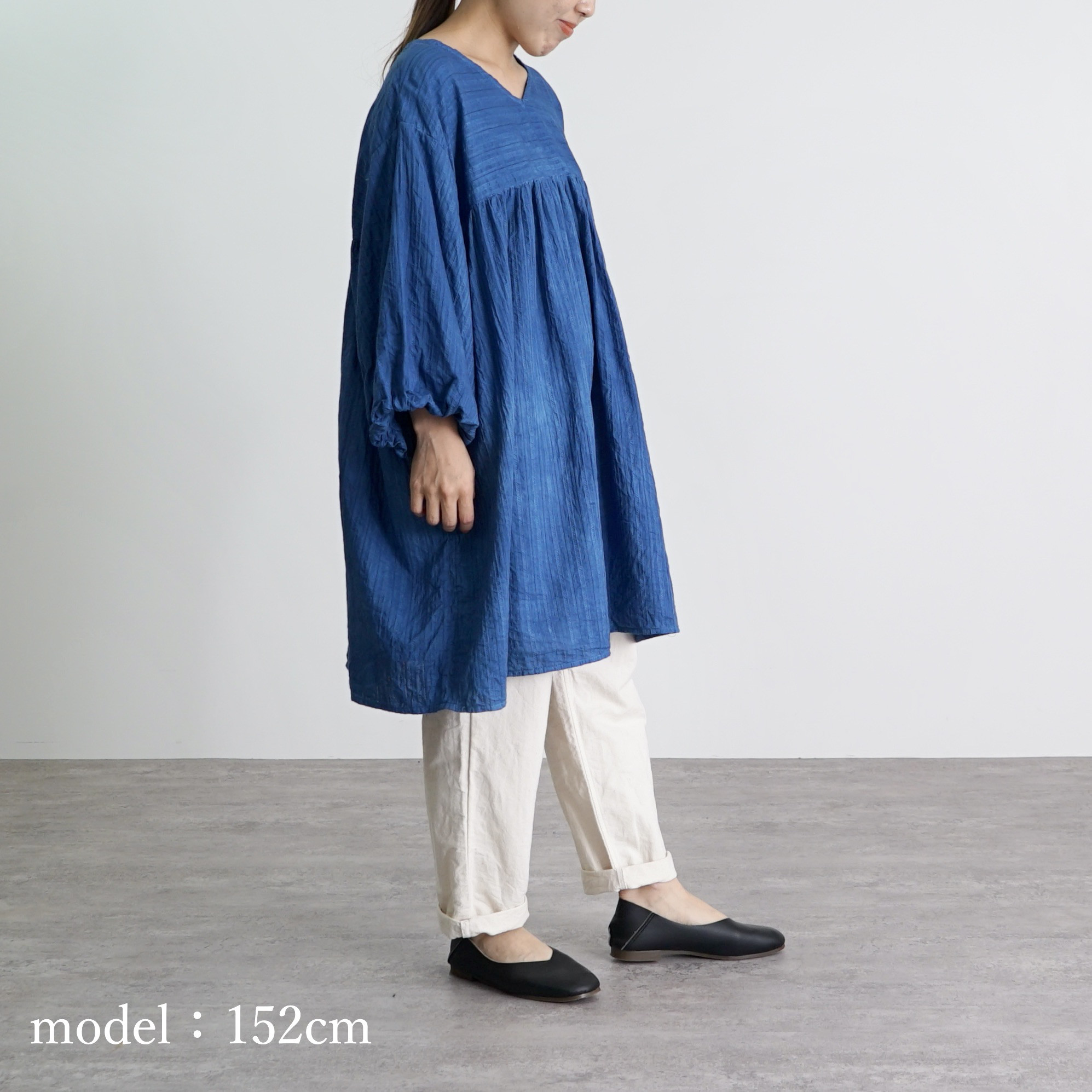 2wayバルーンスリーブチュニック/ブルー/絡み織ストライプ