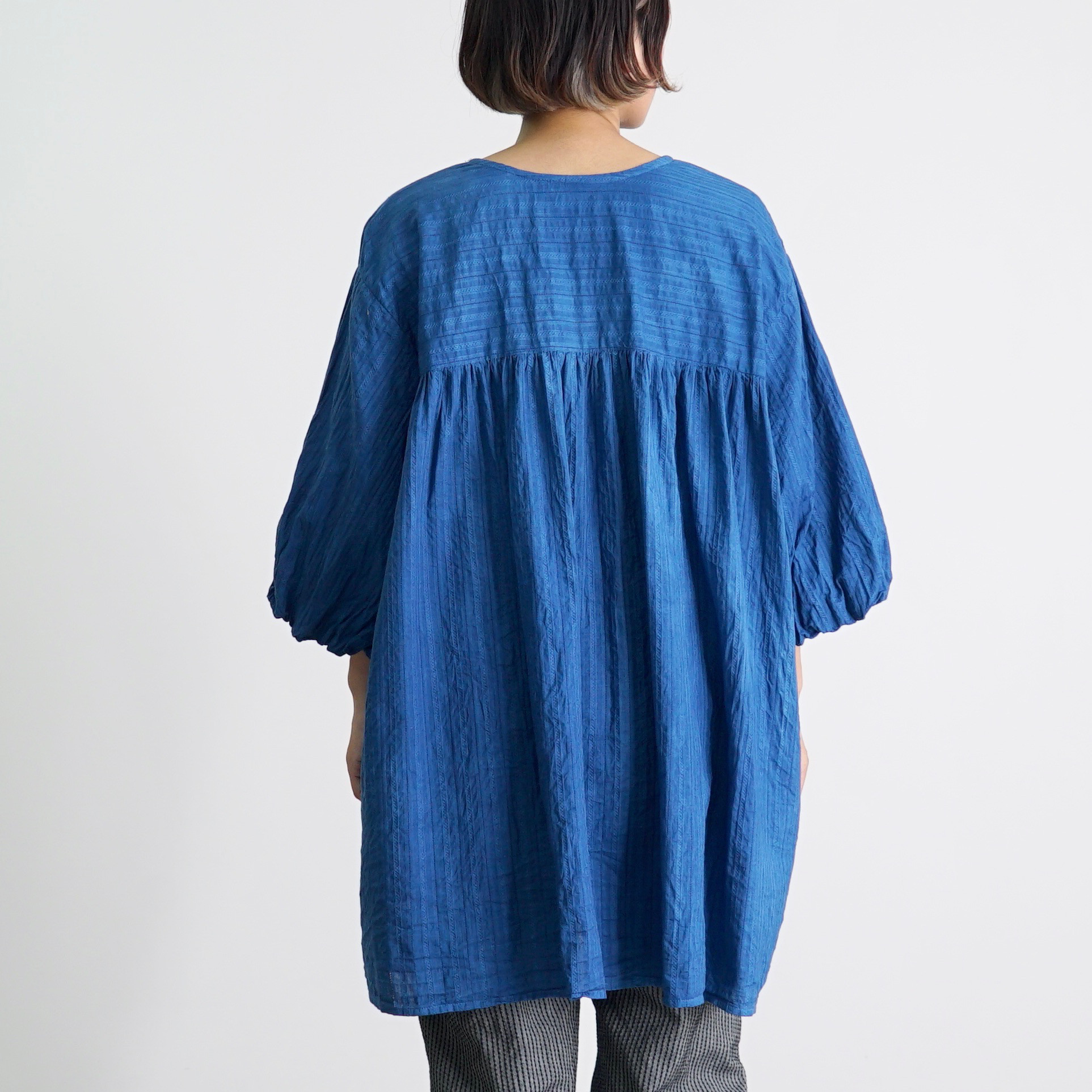 2wayバルーンスリーブチュニック/ブルー/絡み織ストライプ