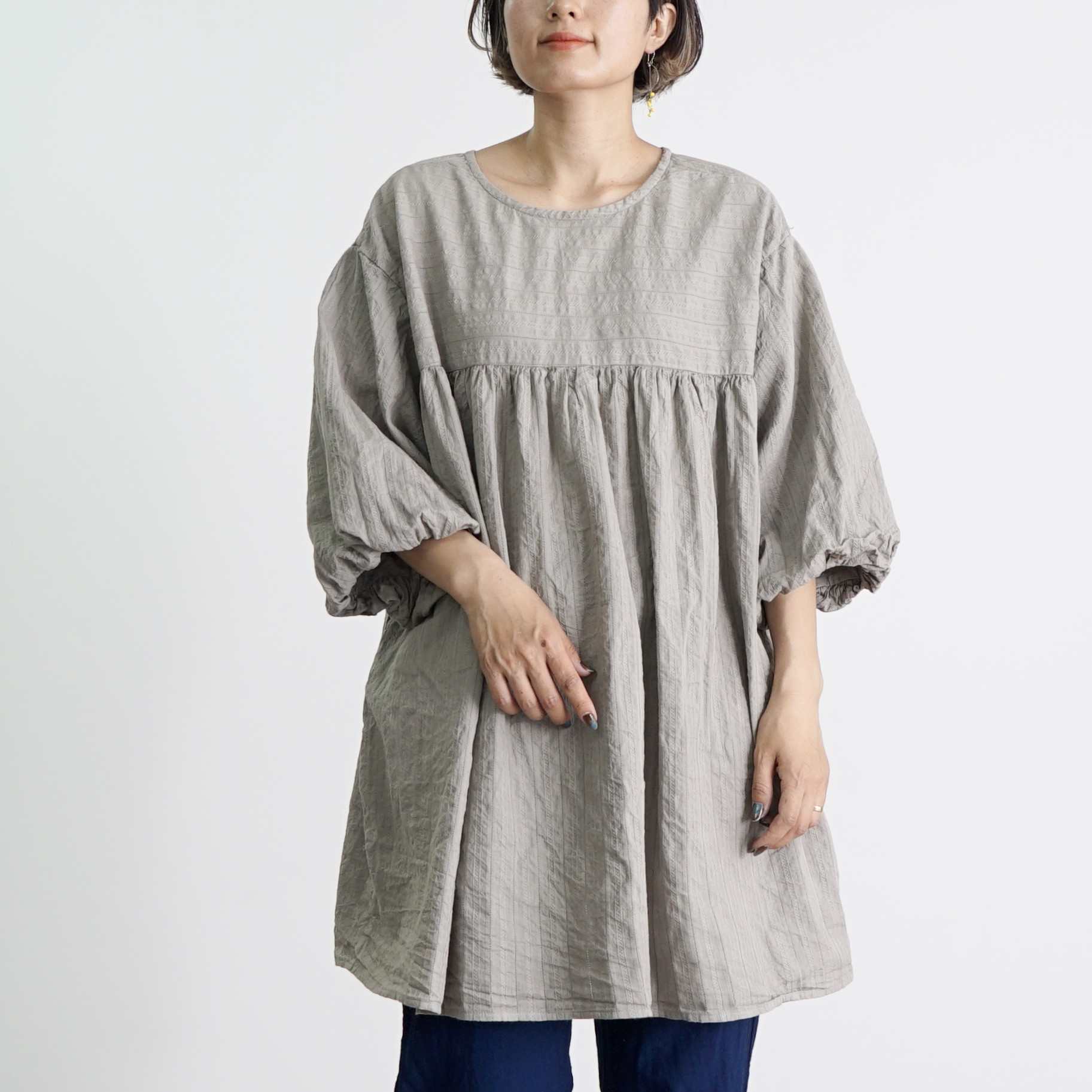 2wayバルーンスリーブチュニック/カーキ/絡み織ストライプ