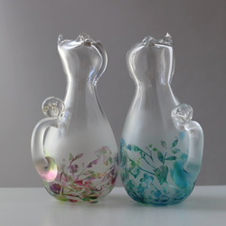 『猫に花ごろも』～ねこ型art花瓶 吹きガラス×サンドブラスト　Vase【送料無料】 1枚目の画像
