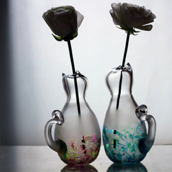 『猫に花ごろも』～ねこ型art花瓶 吹きガラス×サンドブラスト　Vase【送料無料】 10枚目の画像