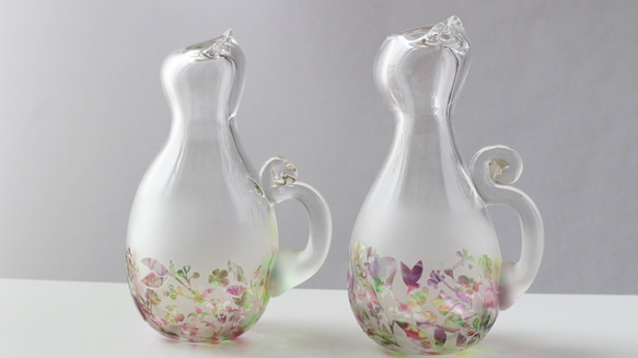 『猫に花ごろも』～ねこ型art花瓶 吹きガラス×サンドブラスト　Vase【送料無料】 4枚目の画像