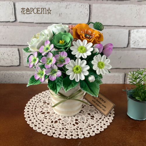 粘土の花〓ポピー＆バラ♡優しい小花たち♪ピンクハートに心を込めて