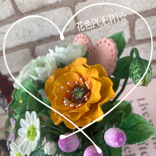 粘土の花〓ポピー＆バラ♡優しい小花たち♪ピンクハートに心を込めて