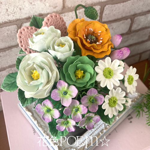 粘土の花〓ポピー＆バラ♡優しい小花たち♪ピンクハートに心を込めて