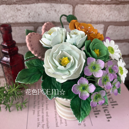 粘土の花〓ポピー＆バラ♡優しい小花たち♪ピンクハートに心を込めて