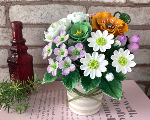 粘土の花〓ポピー＆バラ♡優しい小花たち♪ピンクハートに心を込めて