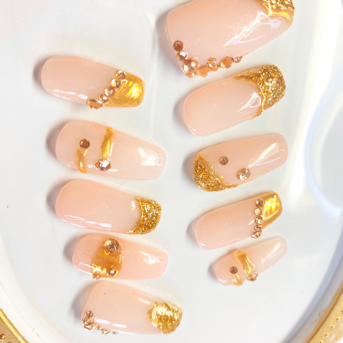 シアーピンクベージュベース ゴールドラメ シャンパンゴールドストーン