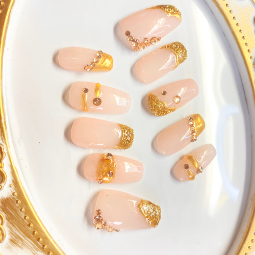 シアーピンクベージュベース ゴールドラメ シャンパンゴールドストーン