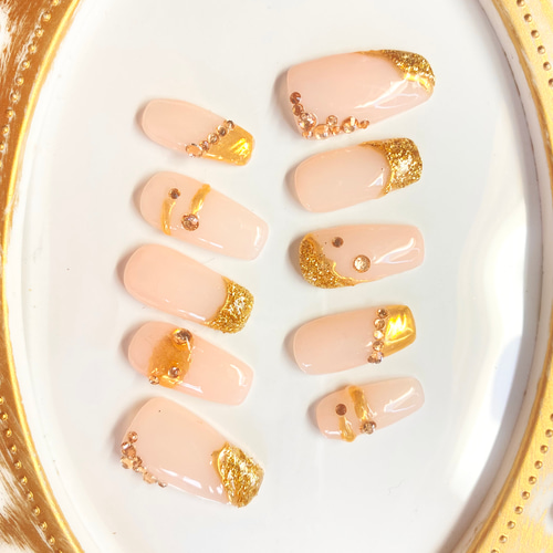 シアーピンクベージュベース ゴールドラメ シャンパンゴールドストーン