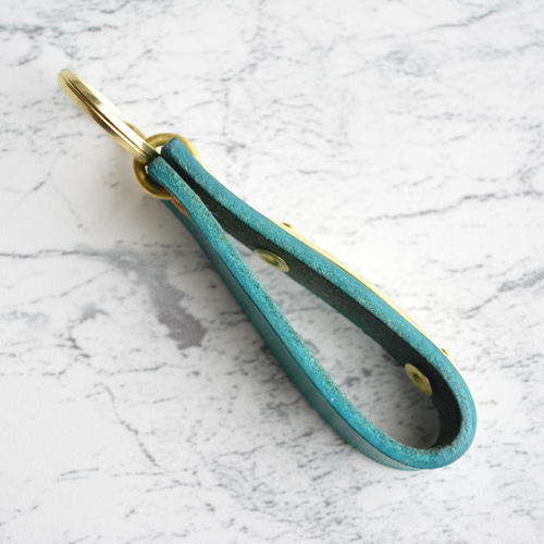 刻印無料】IDキーホルダー 手染めターコイズブルー｜栃木レザー 真鍮