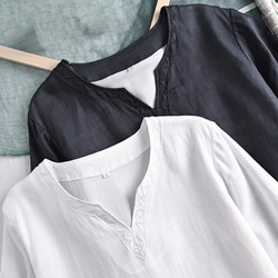 5分袖リネンワンピース　襟刺繍Vネックリネンワンピース　ダークグレーとホワイト2色　M-2XL　L363 5枚目の画像