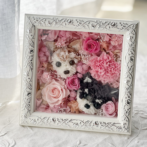 【オーダーメイド】たくさんのお花とワンちゃんの2wayフレームボックスアレンジ　母の日　プレゼント　犬　トイプードル 2枚目の画像