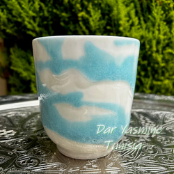 2客セット　ハネンさんのカラフル陶器　湯のみ タッシリ　たっぷりサイズでもかわいい　ホワイトブルー 6枚目の画像