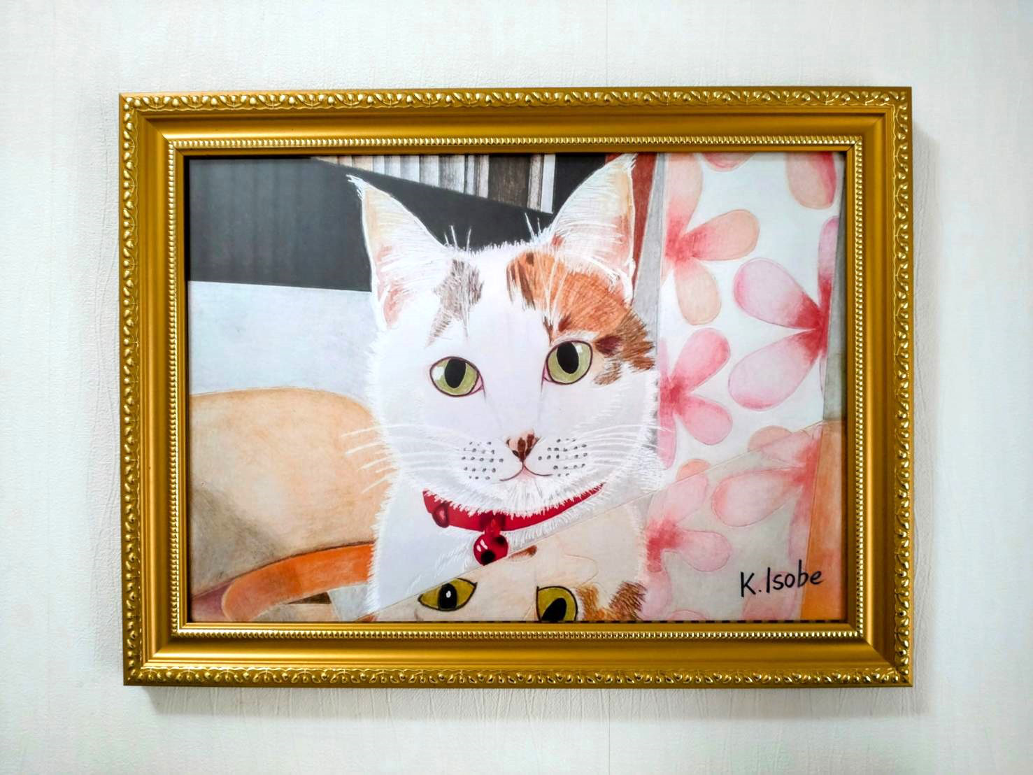 複製絵画「テーブルからひょっこり猫」K.Isobe A4判 フォト