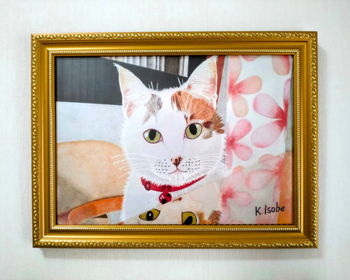 複製絵画「テーブルからひょっこり猫」K.Isobe A4判 フォト