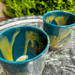 2客セット　ハネンさんのカラフル陶器　湯のみタッシリ　たっぷりサイズでもかわいい　グリーンブルー 6枚目の画像