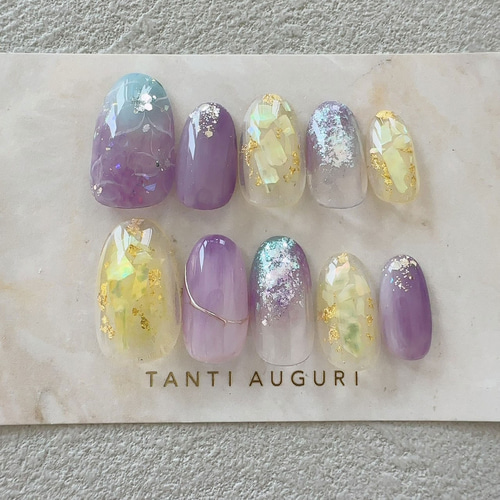 イエベ 紫陽花 ネイルチップ 黄色 紫 青系 イエローベース 花 梅雨