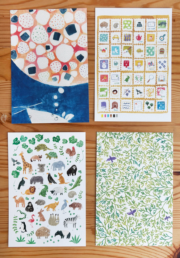 ポストカード（動物、切手、葉っぱ、おにぎり）４枚セット 2枚目の画像