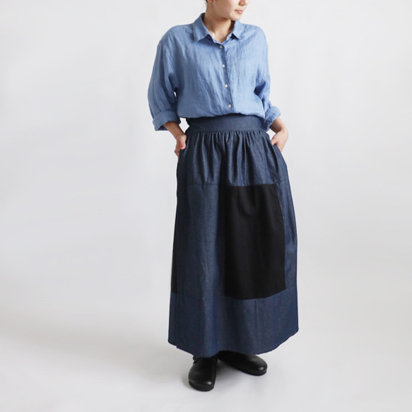 新作　愉快なパッチワーク巻きスカート　ポケット付　甘織デニム チノコットン　フリー　Y25 6枚目の画像