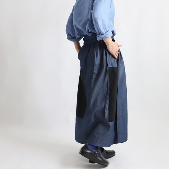 新作　愉快なパッチワーク巻きスカート　ポケット付　甘織デニム チノコットン　フリー　Y25 5枚目の画像
