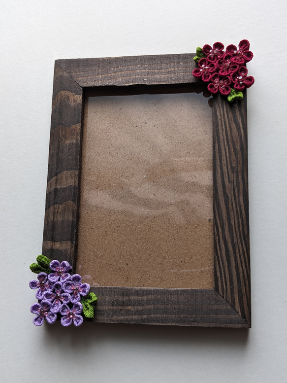 No.1  つまみ細工のフォトフレーム　紫陽花のフォトフレーム　　簡易包装付き 2枚目の画像