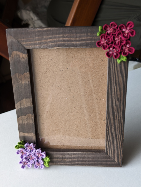 No.1  つまみ細工のフォトフレーム　紫陽花のフォトフレーム　　簡易包装付き 1枚目の画像