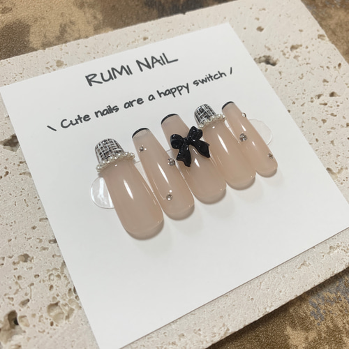 ネイルチップ フレンチガーリー リボン 量産型 韓国 ワンホン 推し  