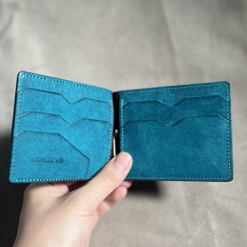 マネークリップ財布（小銭入れ付き【ターコイズ】本革 イタリアン