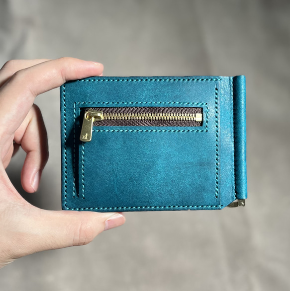 マネークリップ財布（小銭入れ付き【ターコイズ】本革 イタリアン