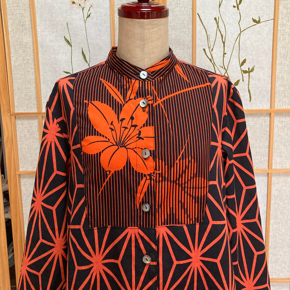 ☆浴衣リメイク☆ ビブフロントのシャツワンピース（ブラック／オレンジ） 3枚目の画像