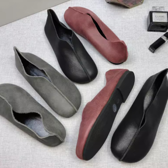 手作りの靴 パンプス　母の日　本革 カジュアルフラットシューズ レディース靴 履きやすい 1枚目の画像