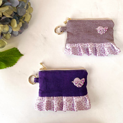 紫陽花の畳縁フリルファスナーポーチ(小銭入れ)-インコビーズ刺繍　紫 1枚目の画像