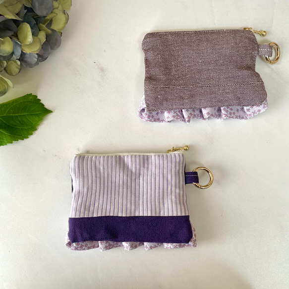 紫陽花の畳縁フリルファスナーポーチ(小銭入れ)-インコビーズ刺繍　紫 4枚目の画像