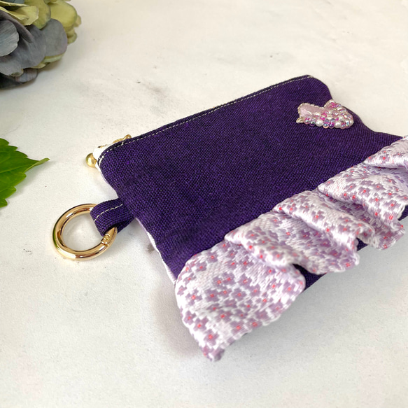 紫陽花の畳縁フリルファスナーポーチ(小銭入れ)-インコビーズ刺繍　紫 9枚目の画像