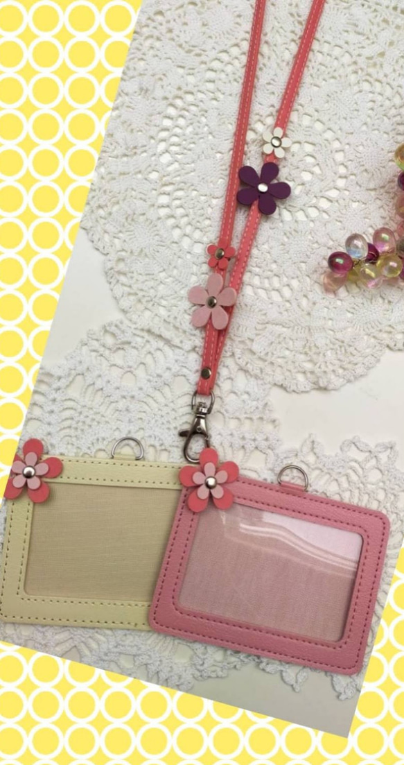 【ステッチ紐】お花ネックストラップ☆ピンク色&アイボリー選択 2枚目の画像