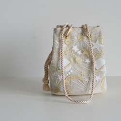 新作!  数量限定! プラネットチュール刺繍ポシェットマリンバッグ　エクリュベージュ　ミニショルダー　月と星 10枚目の画像