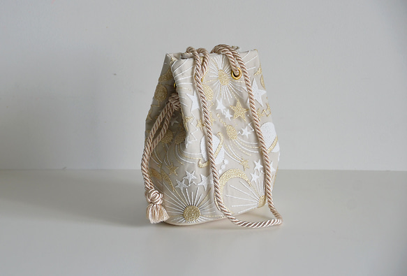 新作!  数量限定! プラネットチュール刺繍ポシェットマリンバッグ　エクリュベージュ　ミニショルダー　月と星 8枚目の画像