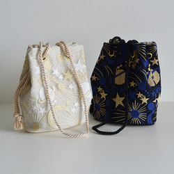 新作!  数量限定! プラネットチュール刺繍ポシェットマリンバッグ　エクリュベージュ　ミニショルダー　月と星 11枚目の画像